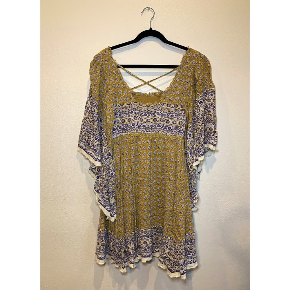 Free People Mustard, Blue, & Cream Gauzey Boho Bell Sleeve Mini Dress - Picture 2 of 3